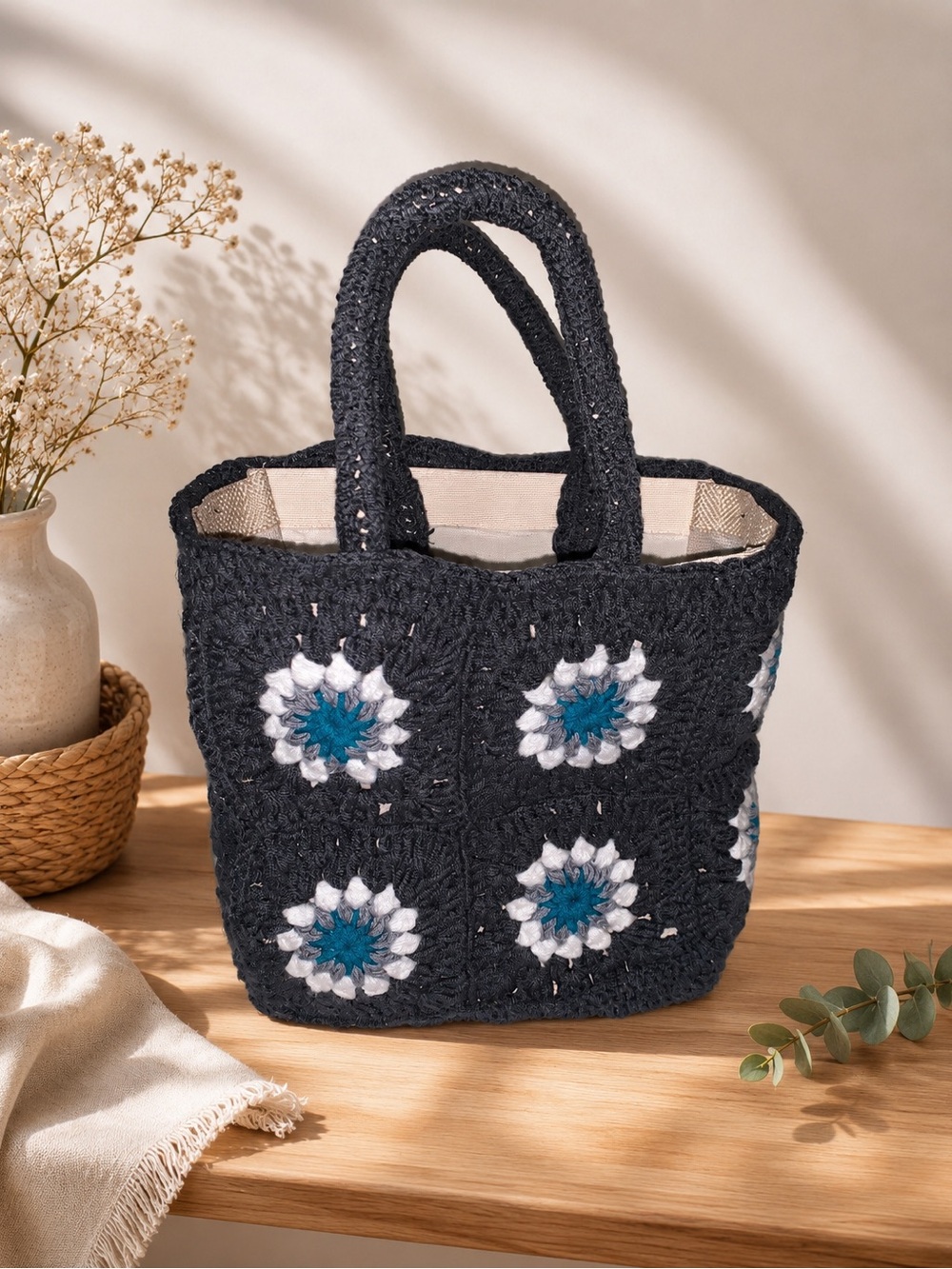 Handmade Black Crochet Tote Bag with White & Teal Flower Accents